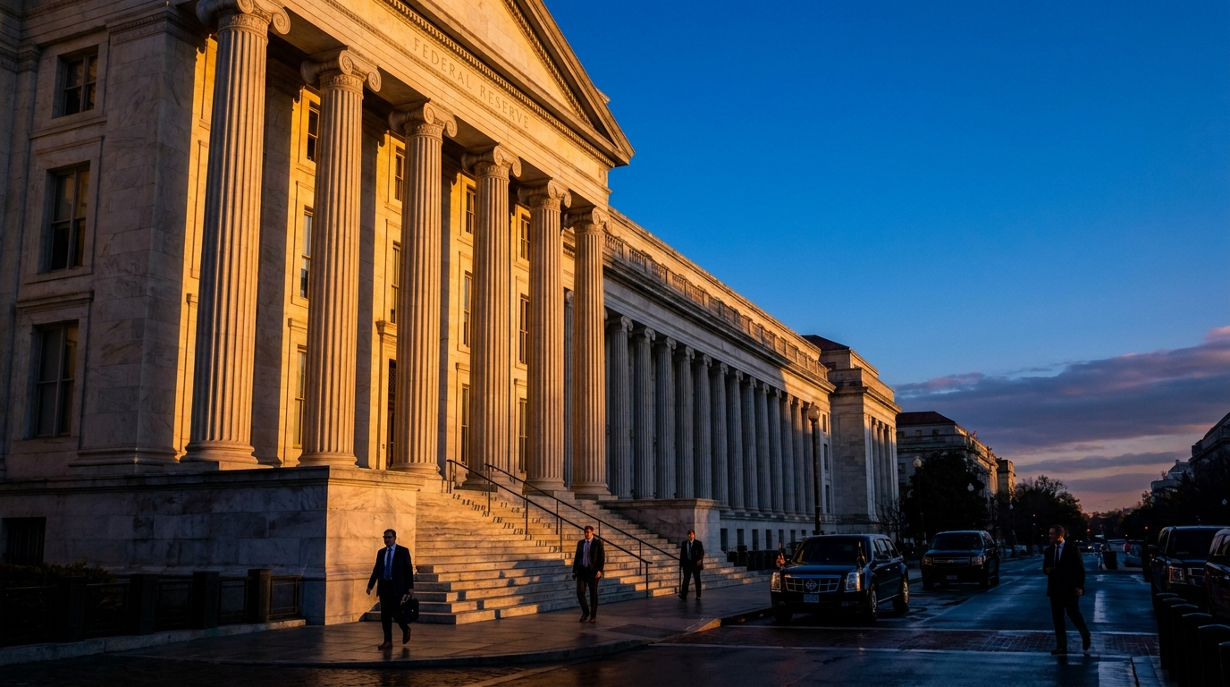 Federal Reserve building at dusk - hawkish Fed drives USD strength