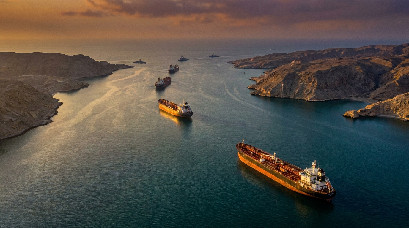 Oil tankers navigating Middle East strait - geopolitical tensions drive crude prices higher
