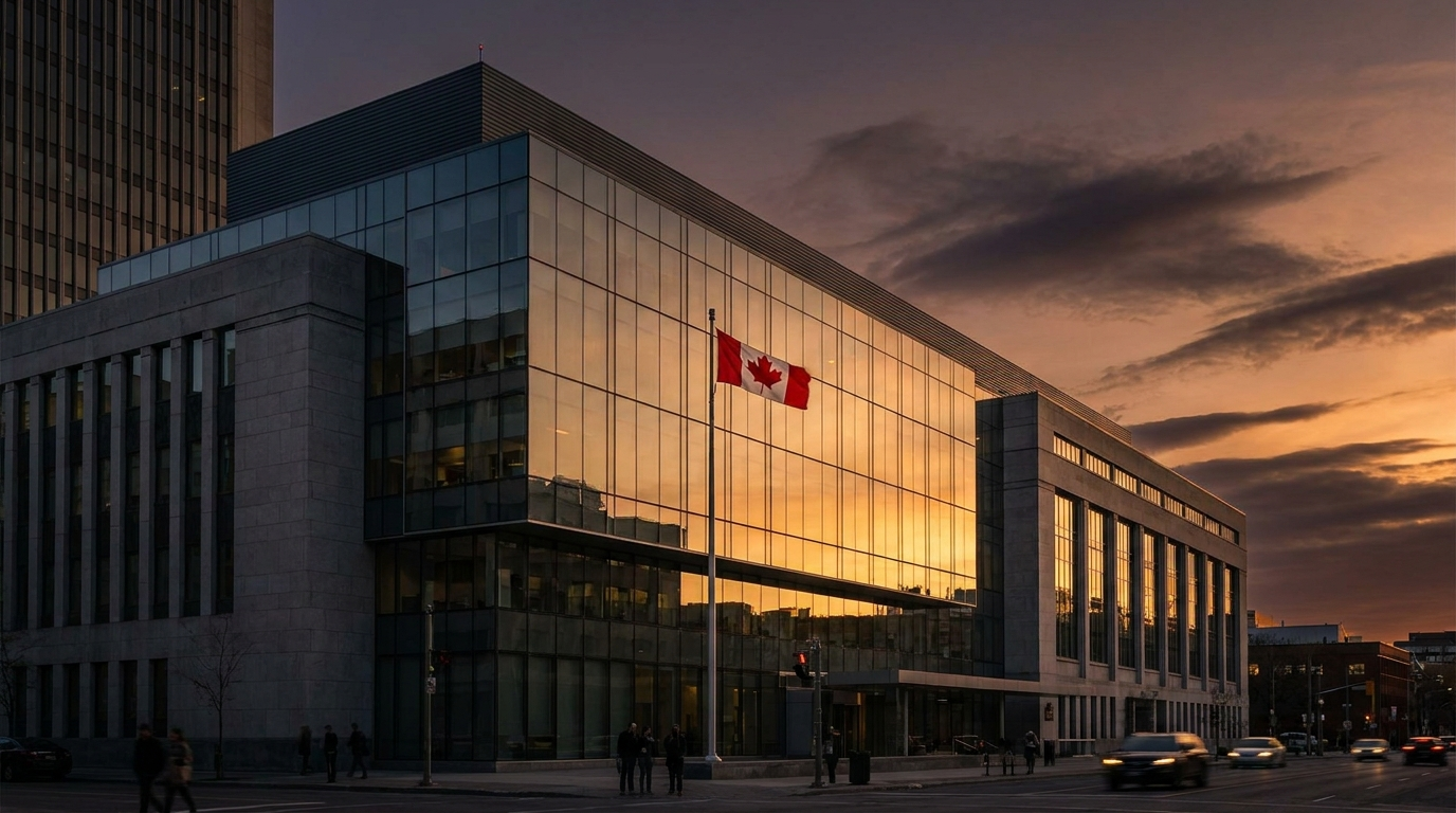 Bank of Canada headquarters building in Ottawa at golden hour