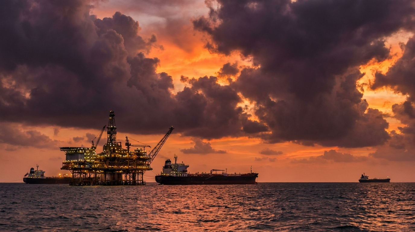 Oil tankers and offshore platform in the Persian Gulf at dusk - geopolitical tensions drive energy markets