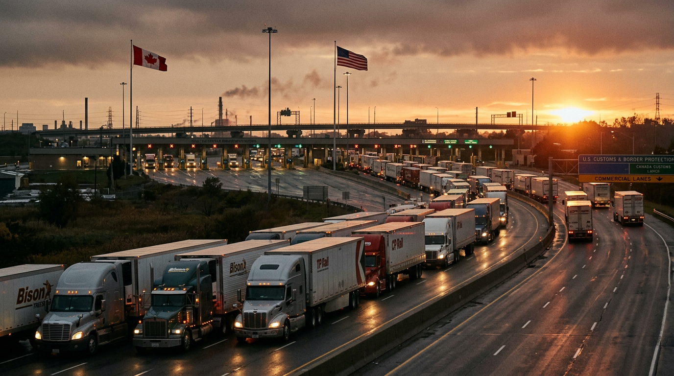 Transport trucks lined up at Canada-US border crossing as new tariffs loom large