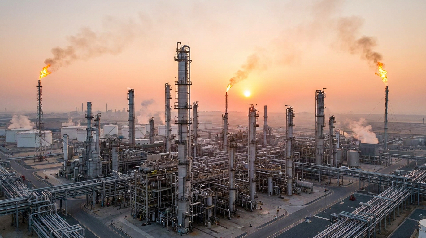 Oil refinery complex at sunrise as energy prices climb back near multi-month highs on Middle East tensions