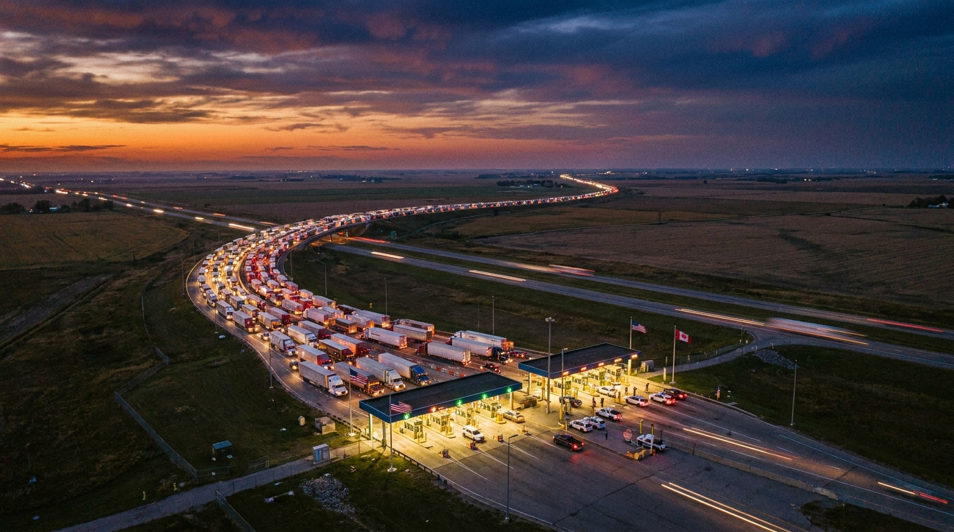 Canada-US border crossing with freight trucks at dusk - trade tariff tension