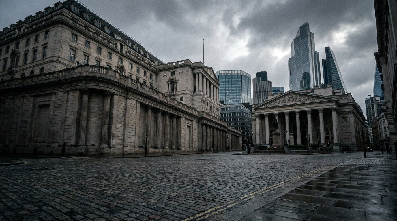 Bank of England exterior in the City of London - overcast morning, neoclassical facade