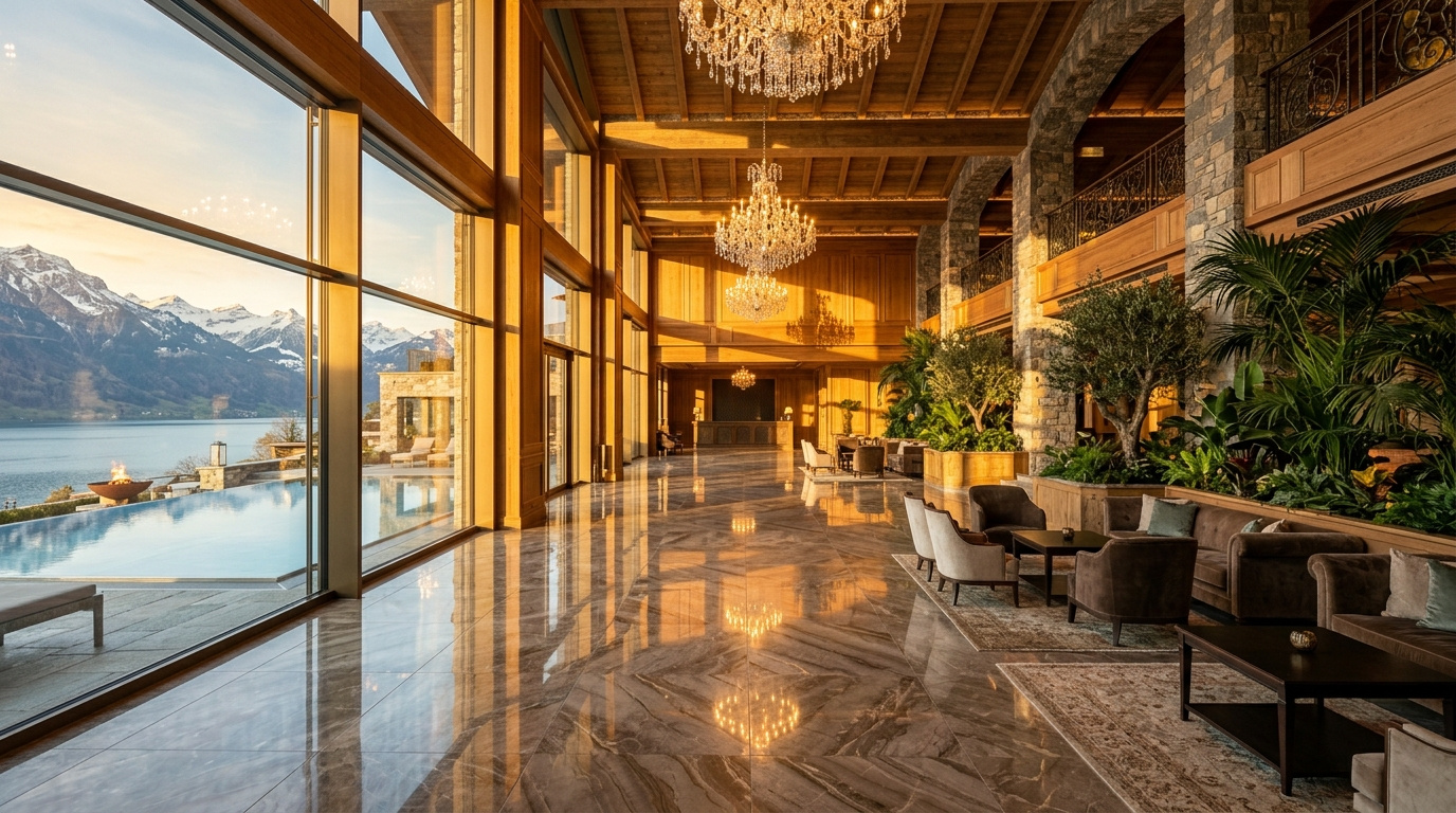 Cinematic luxury hotel lobby golden hour chandeliers