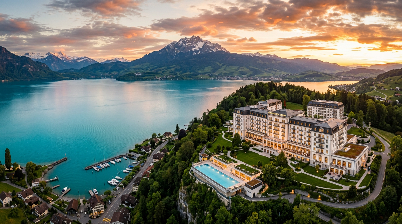 Luxury alpine resort Bodensee aerial golden hour