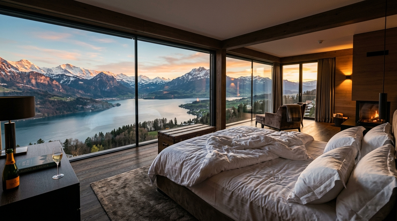 Luxury hotel suite panoramic mountain lake view at sunset