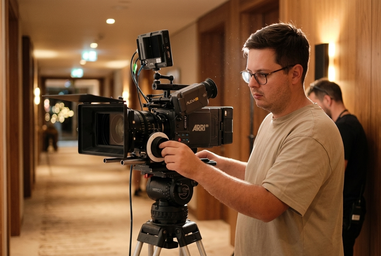 David Sawczuk adjusting cinema camera hotel corridor