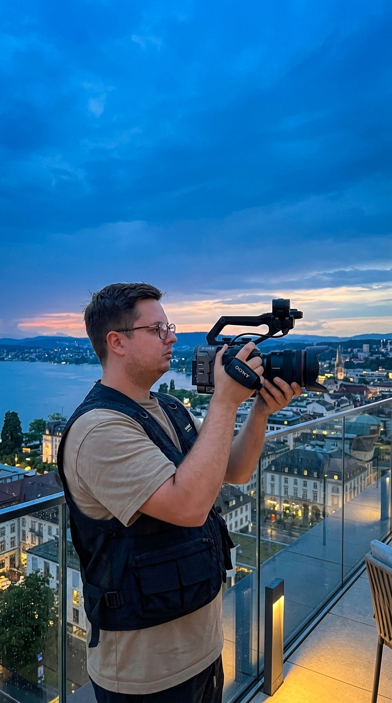 David Sawczuk filmt auf Hotel-Rooftop bei Blue Hour