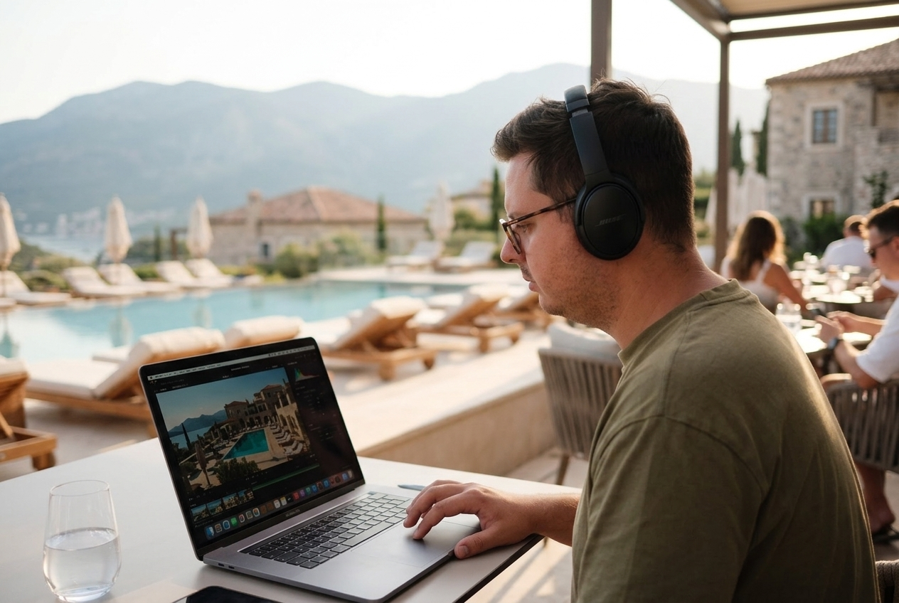 David Sawczuk reviewing hotel video footage on laptop at resort terrace