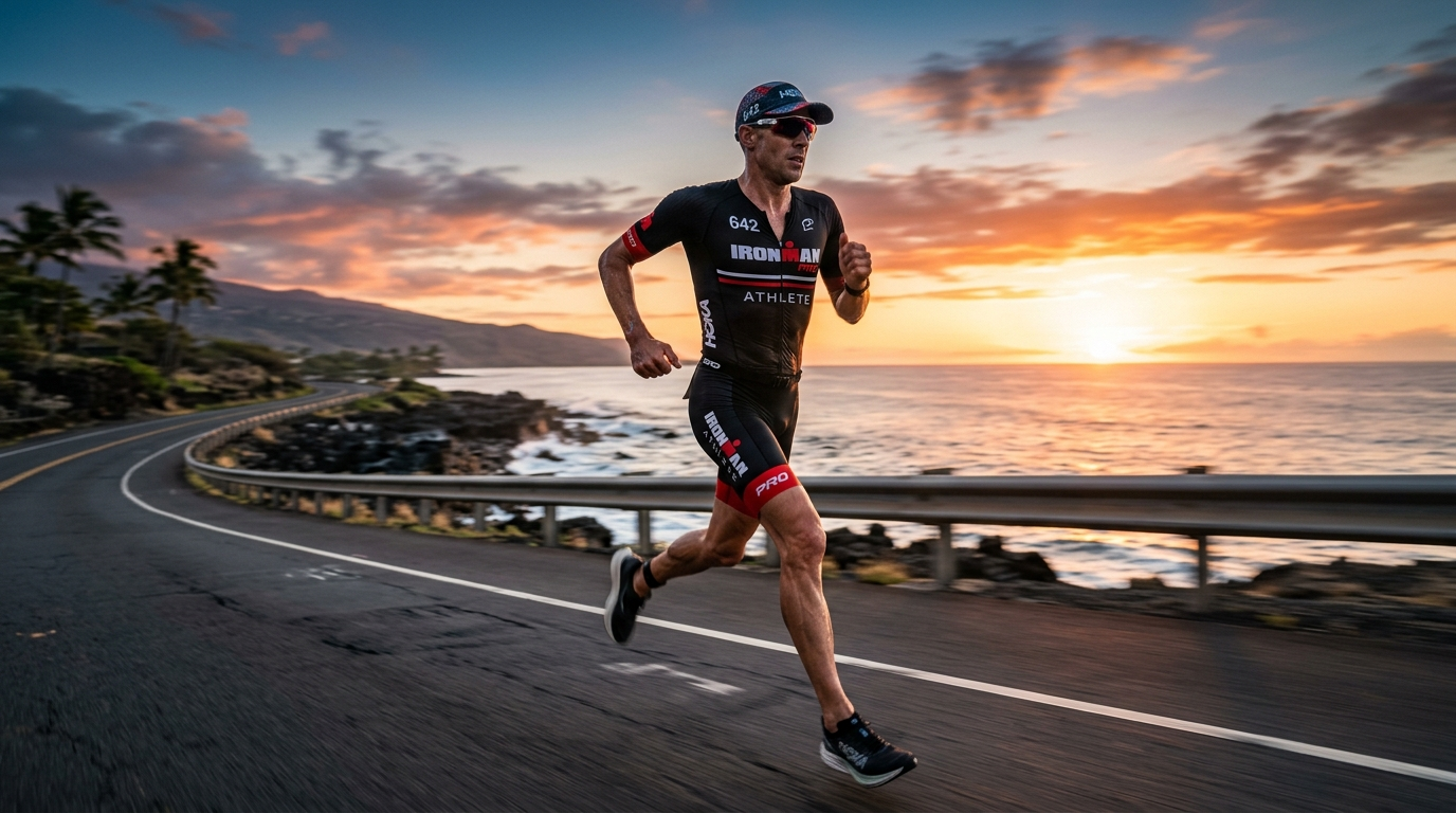 Ironman Triathlet läuft bei Sonnenuntergang