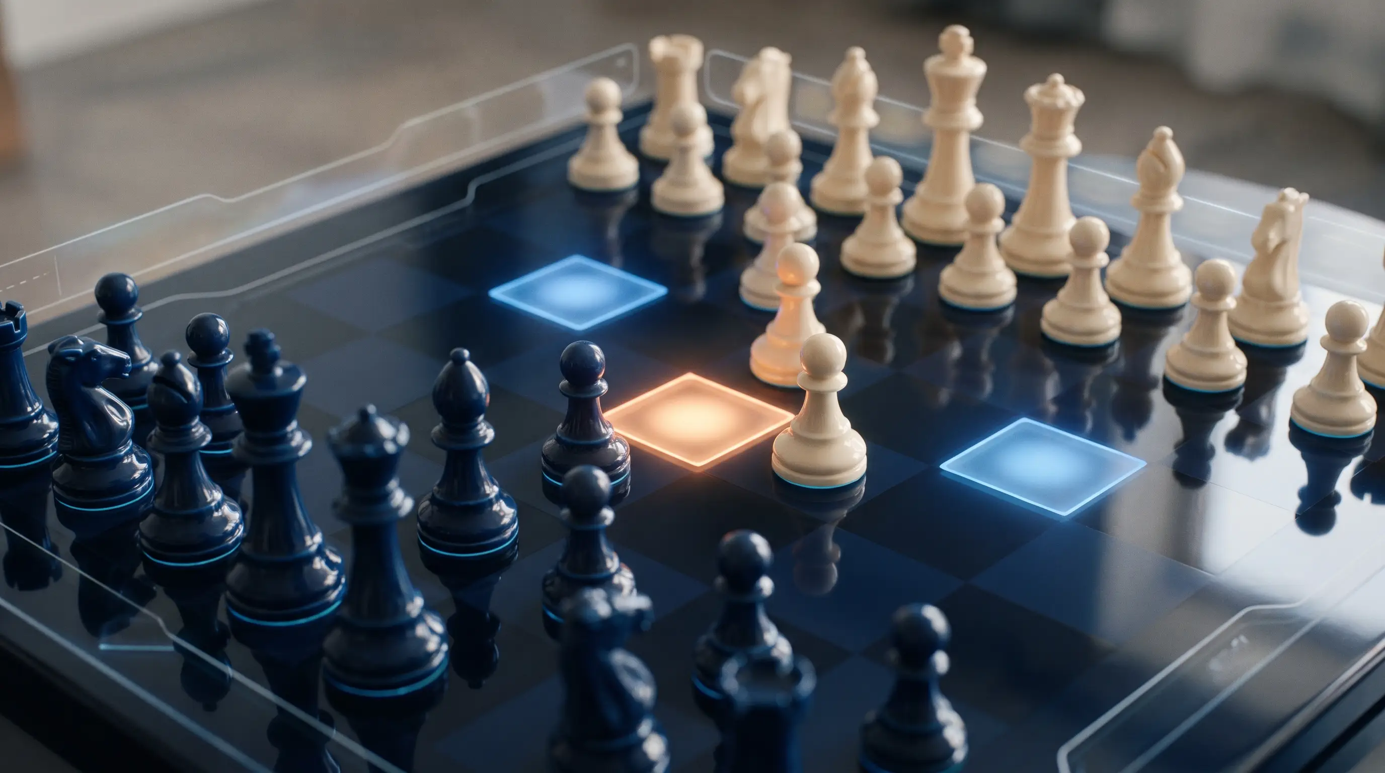 Papan catur 3D tengah permainan sedang dianalisis — petak ancaman dan peluang menyala biru