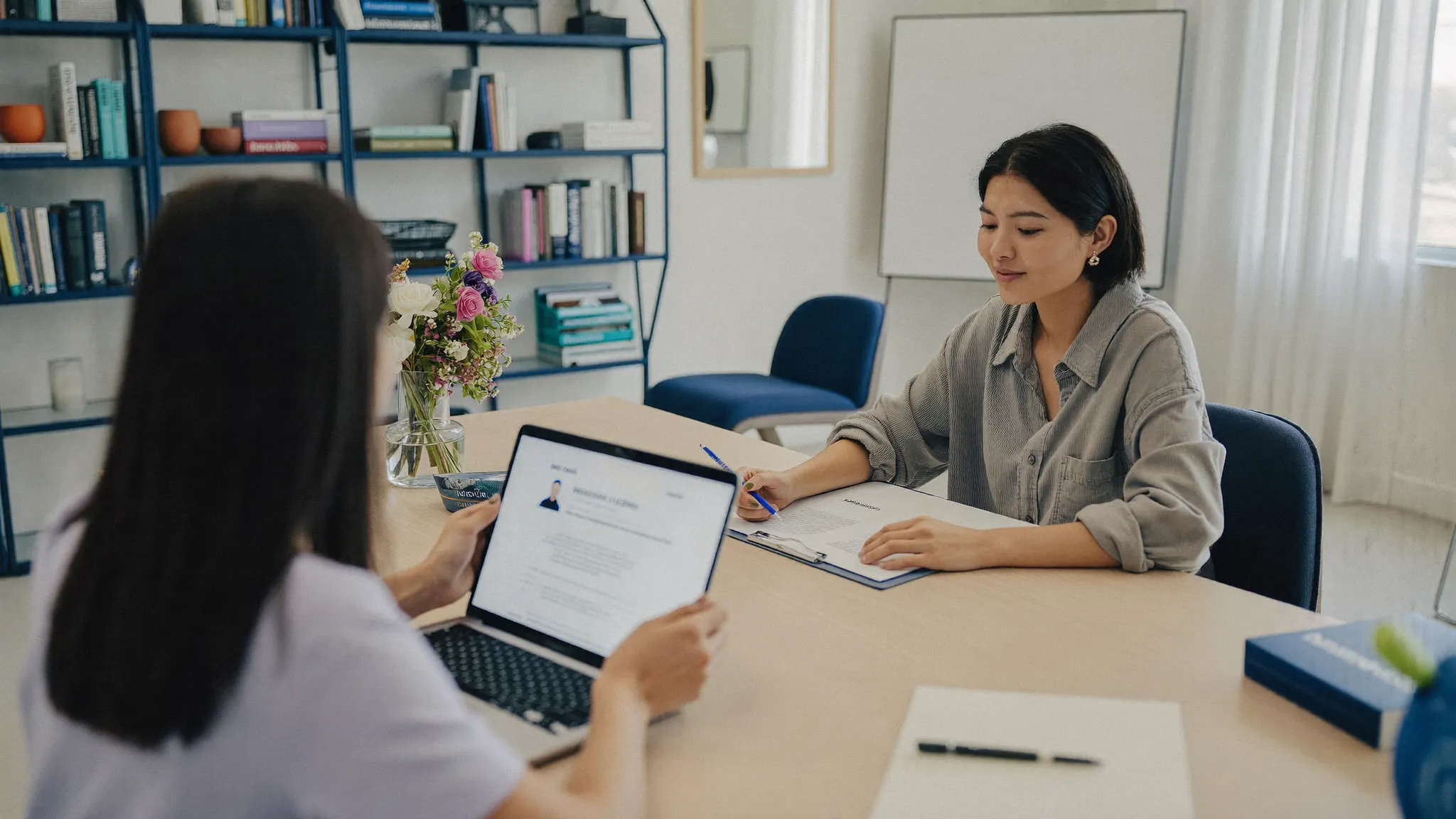 Recruiter reviewing a résumé with a candidate in a bright interview room