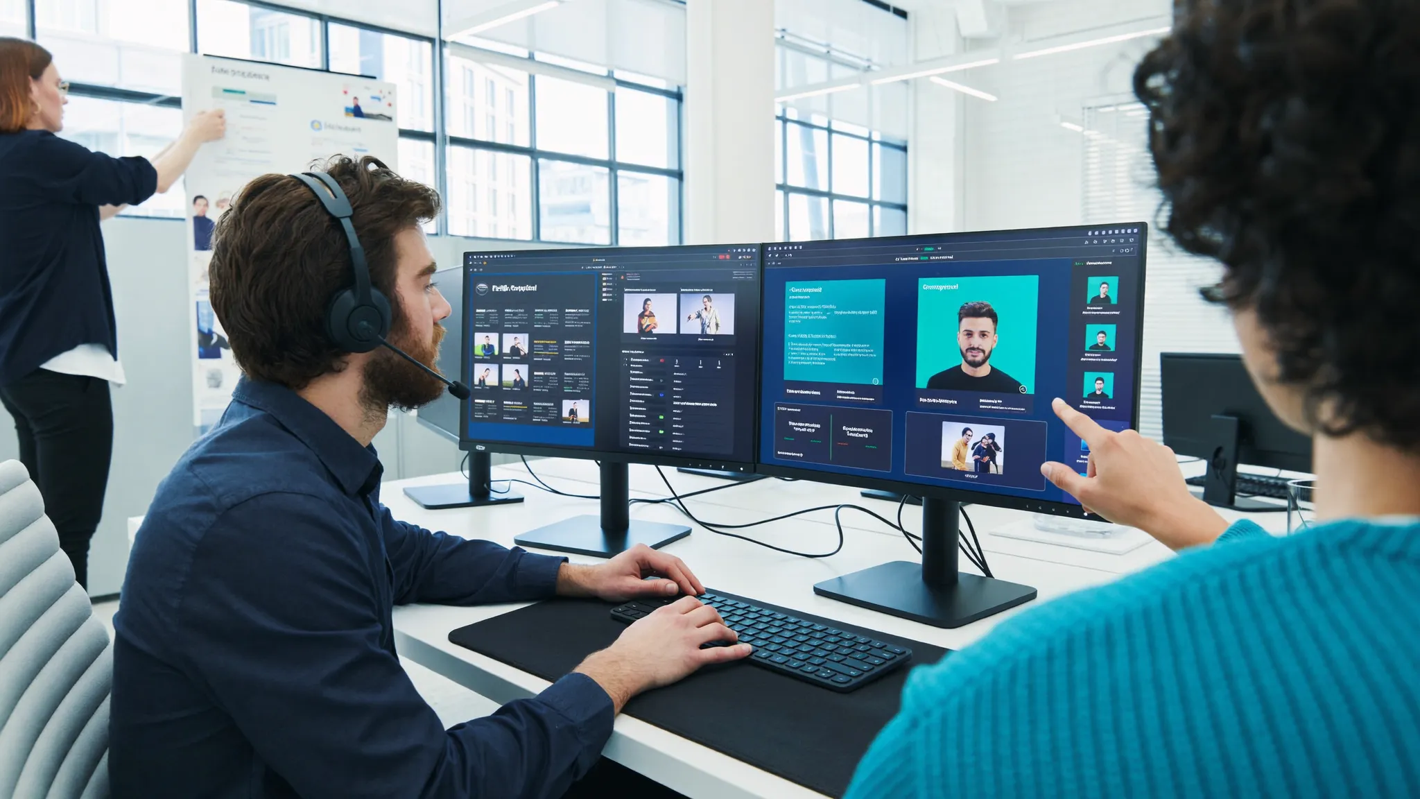 Sourcing specialist and teammate reviewing a candidate pipeline on dual monitors