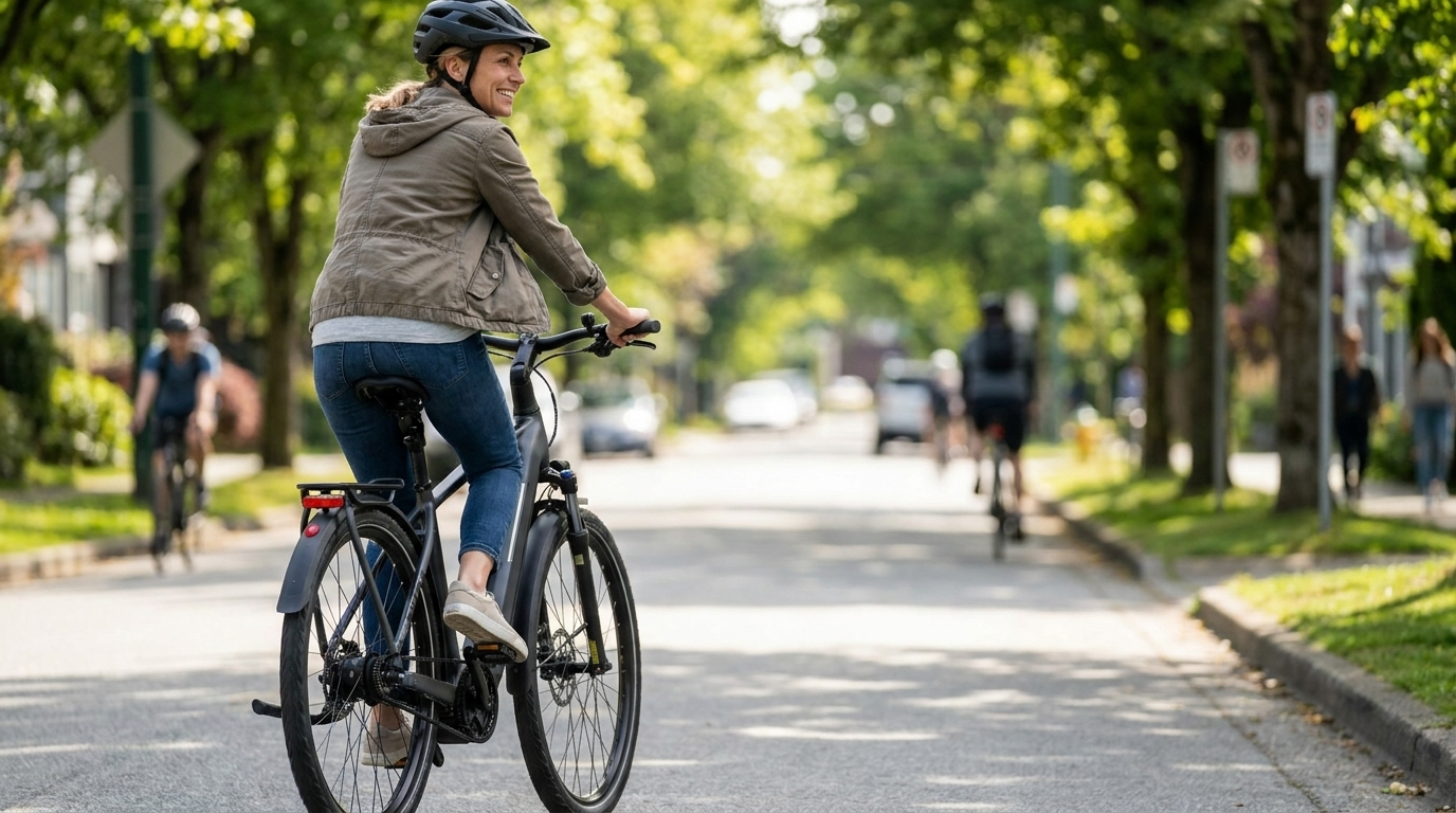 Rider commuting on a Cube Kathmandu Hybrid Comfort Pro 800 step-thru electric bike along a tree-lined city street