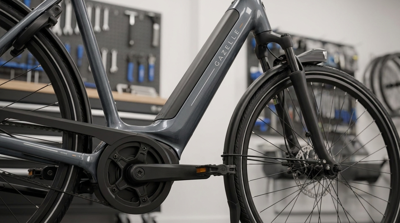 Close-up of the Bosch mid-drive motor and integrated battery on a Gazelle Arroyo C5 Elite electric bike