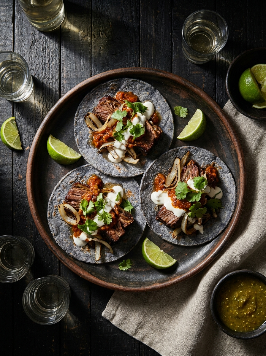 Tacos de costilla en tortilla de maíz azul