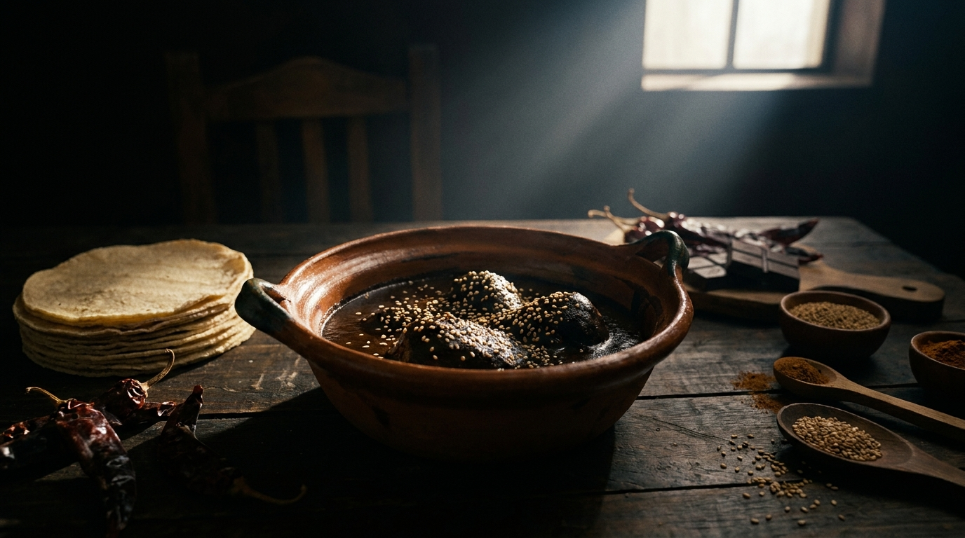 Mole negro en cazuela de barro con tortillas hechas a mano