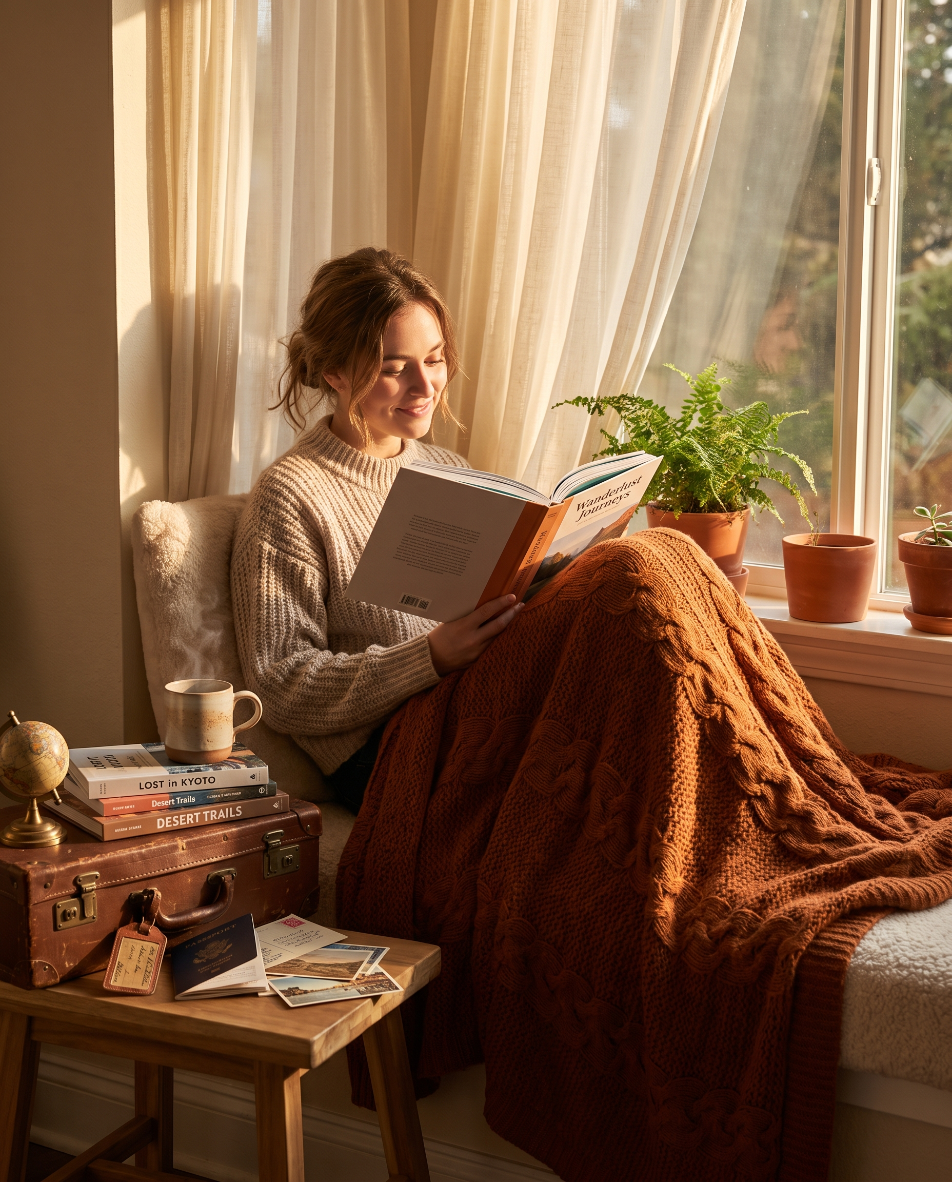 Woman reading in a cozy window reading nook with The Wordy Traveler books and travel keepsakes