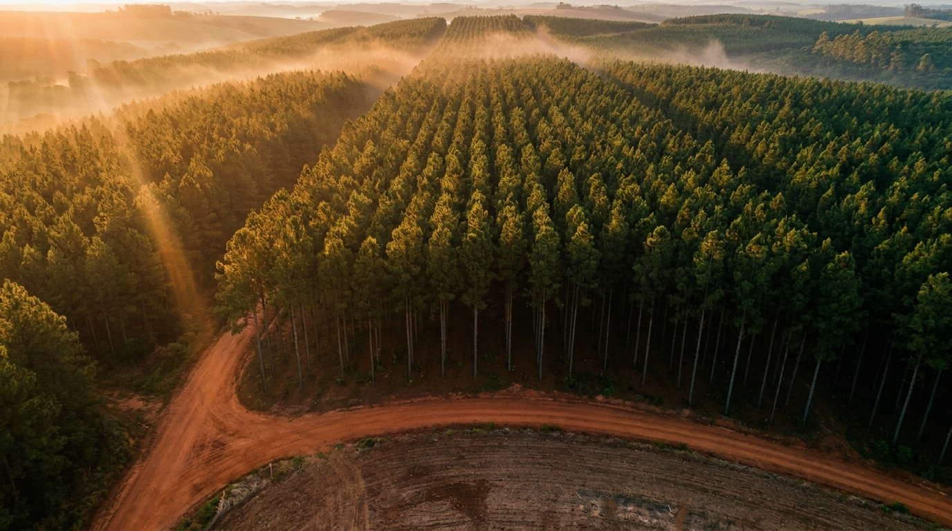 Área de reflorestamento de Pinus elliottii ao amanhecer, com estrada de terra separando o solo trabalhado da floresta plantada