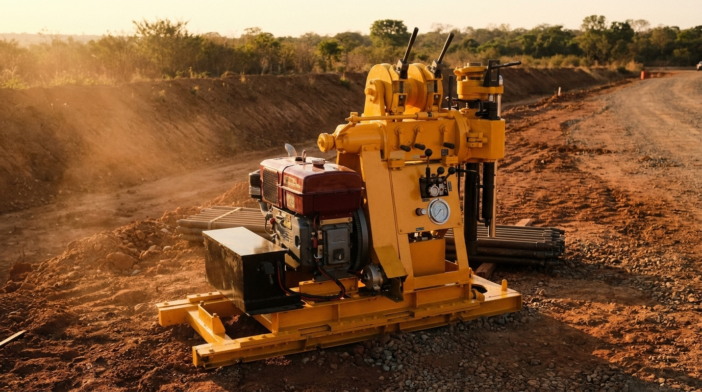 KN-1A da KNK, sonda rotativa amarela sobre patins, em canteiro com talude de terra ao fim da tarde