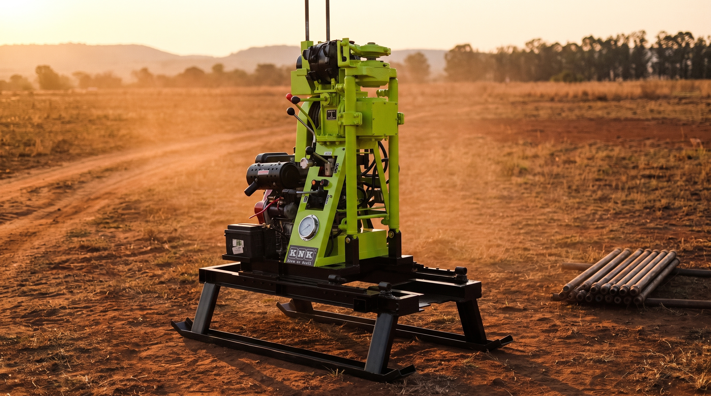 KN-50 da KNK, sonda rotativa verde sobre patins, em terreno de sondagem geotécnica ao fim da tarde