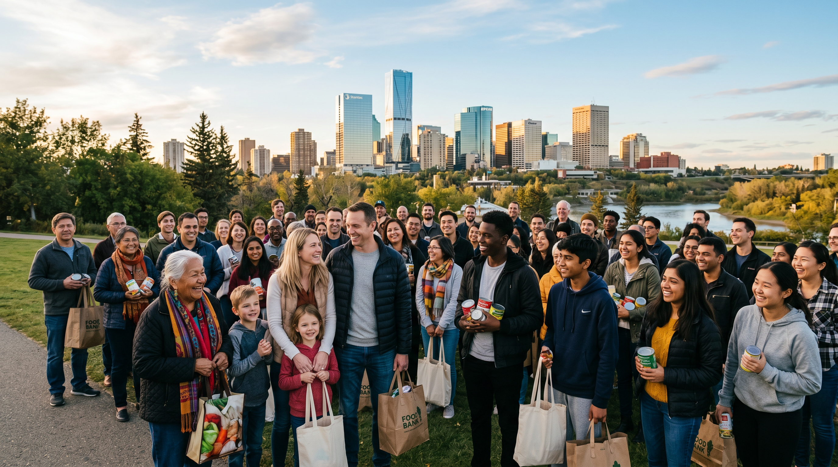 Community members gathering with food donations in Edmonton