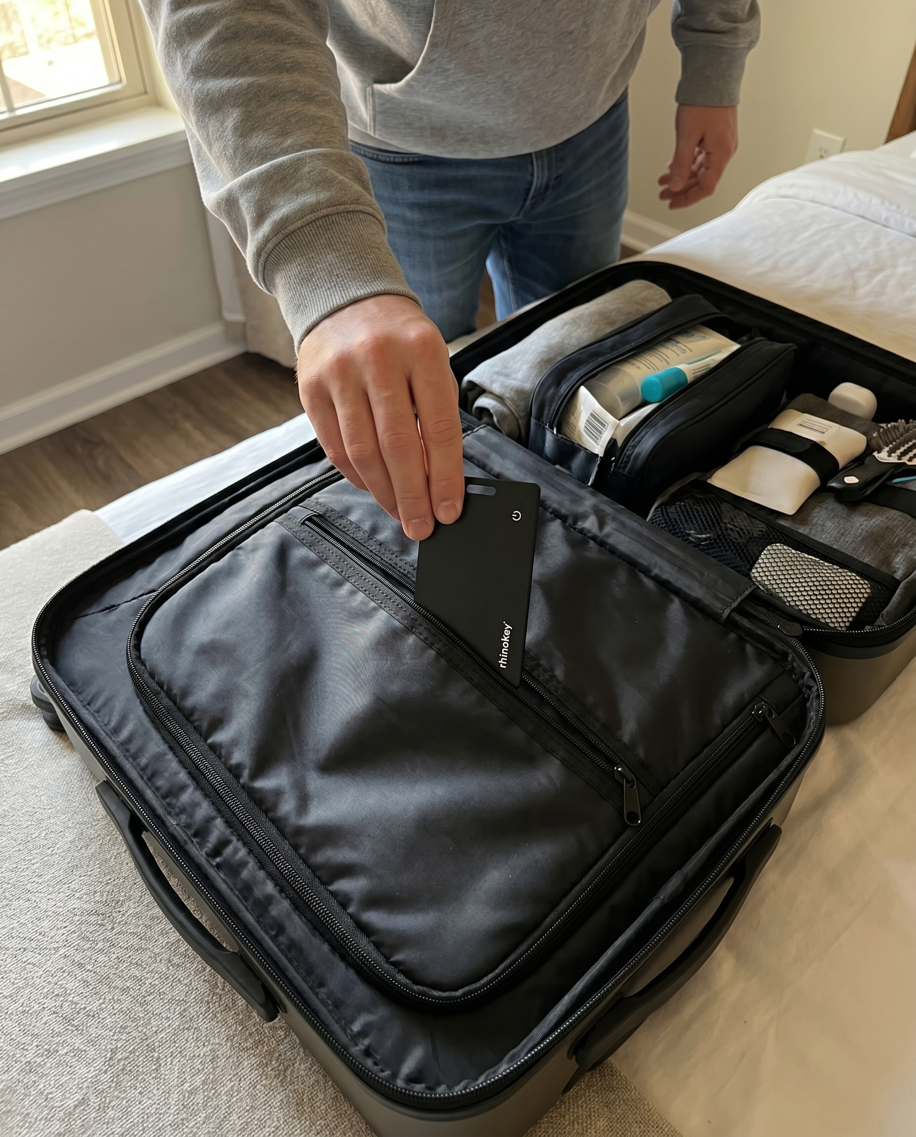 Traveler tucking the Rhinokey Smartcard into an open suitcase