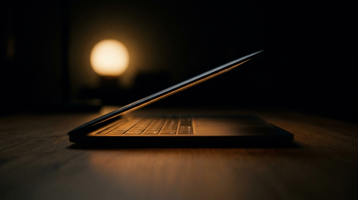 MacBook halb geschlossen, warmer Lichtschlitz des Screens als einzige Lichtquelle