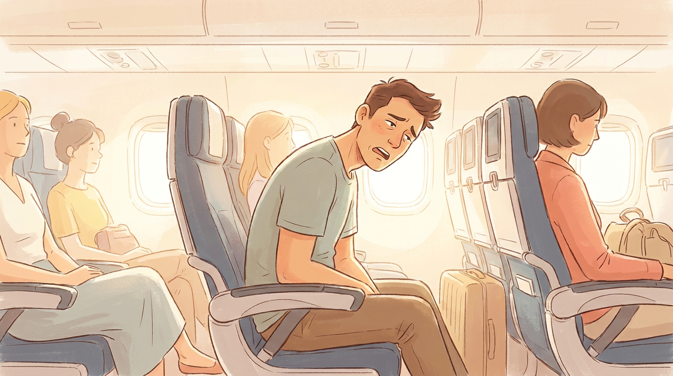 Traveller's head dropping forward awkwardly mid-flight without proper neck support