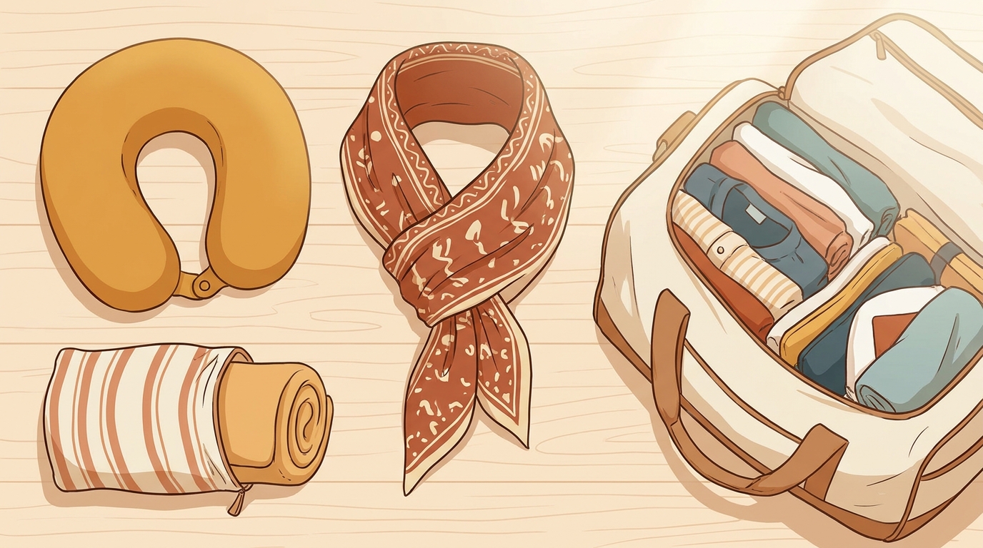 Different travel neck pillow types laid out beside a carry-on bag