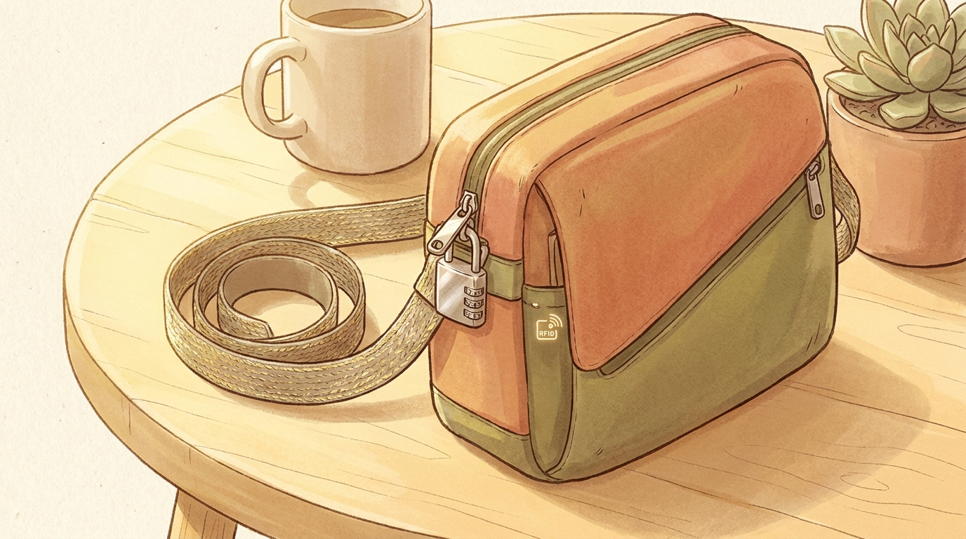 Close-up of an anti-theft crossbody bag showing its strap, lockable zipper and RFID pocket