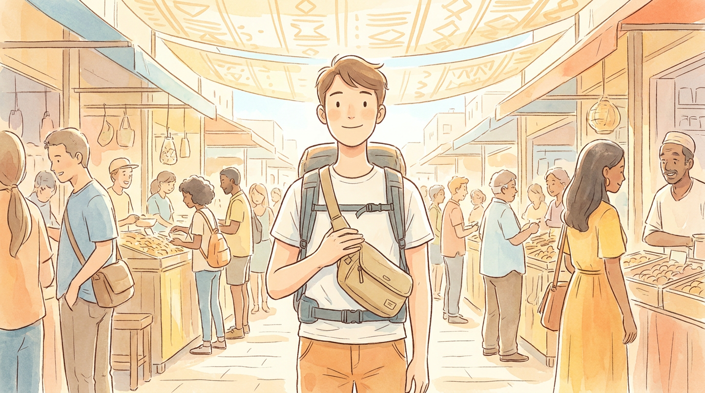 Traveller wearing a crossbody bag across the front of the body in a busy crowd