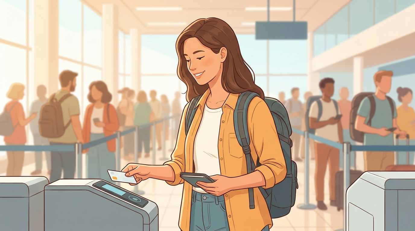Traveller tapping a contactless card from a slim RFID wallet at a busy station