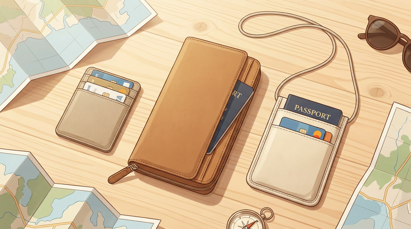An RFID card holder, zip-around travel wallet and neck pouch compared side by side