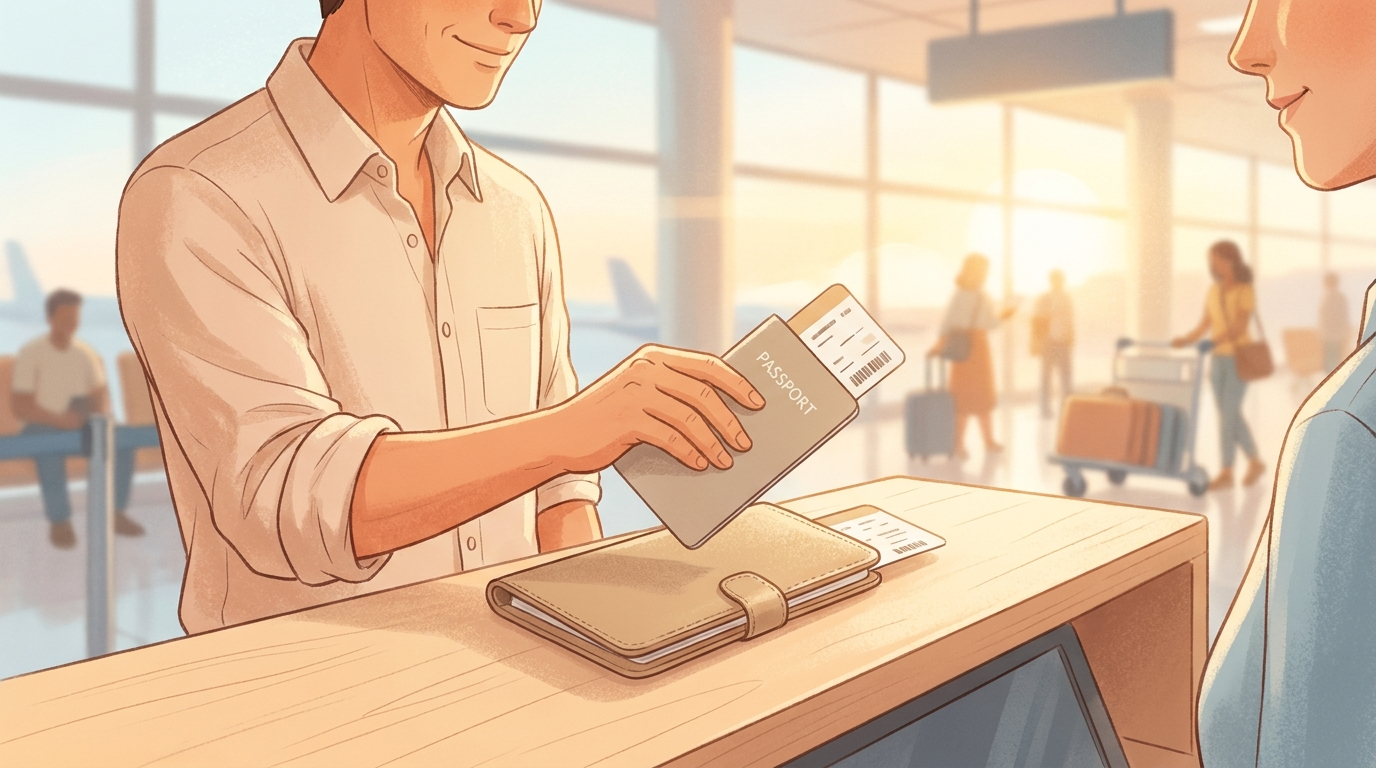 Traveller sliding a passport and boarding pass from a slim passport holder at airport check-in