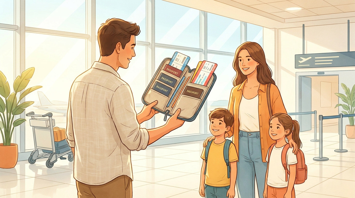 Parent holding a single organiser wallet with the whole family's passports at the airport