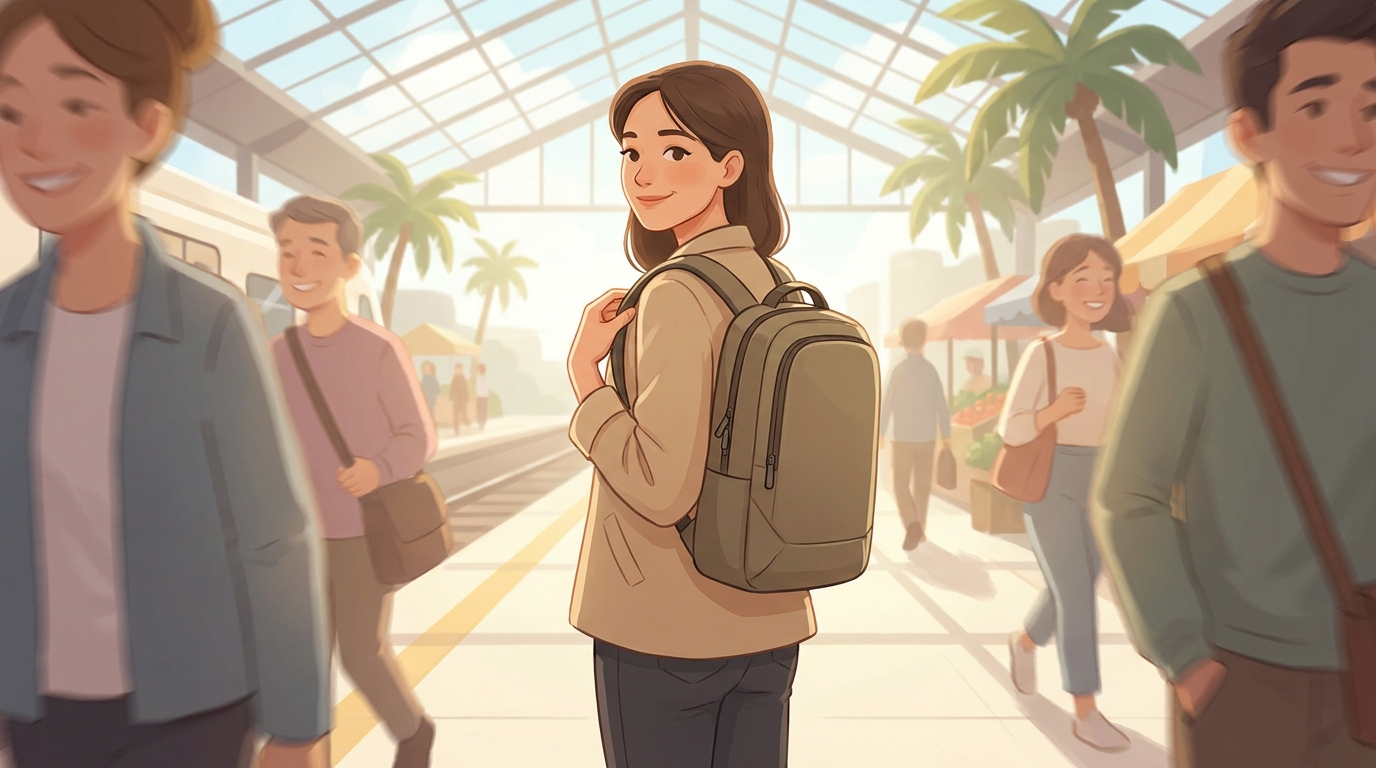 Woman wearing an anti-theft backpack calmly in a busy crowd