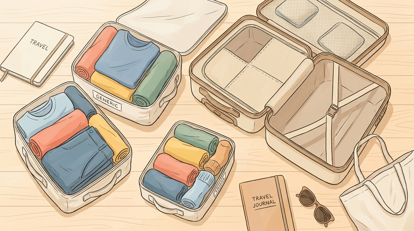 Clothes rolled into compression packing cubes beside an open carry-on suitcase