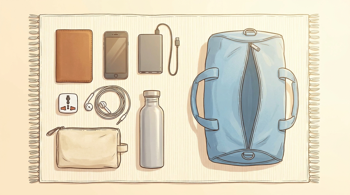 Flat-lay of carry-on travel essentials including passport wallet, power bank, adapter and headphones