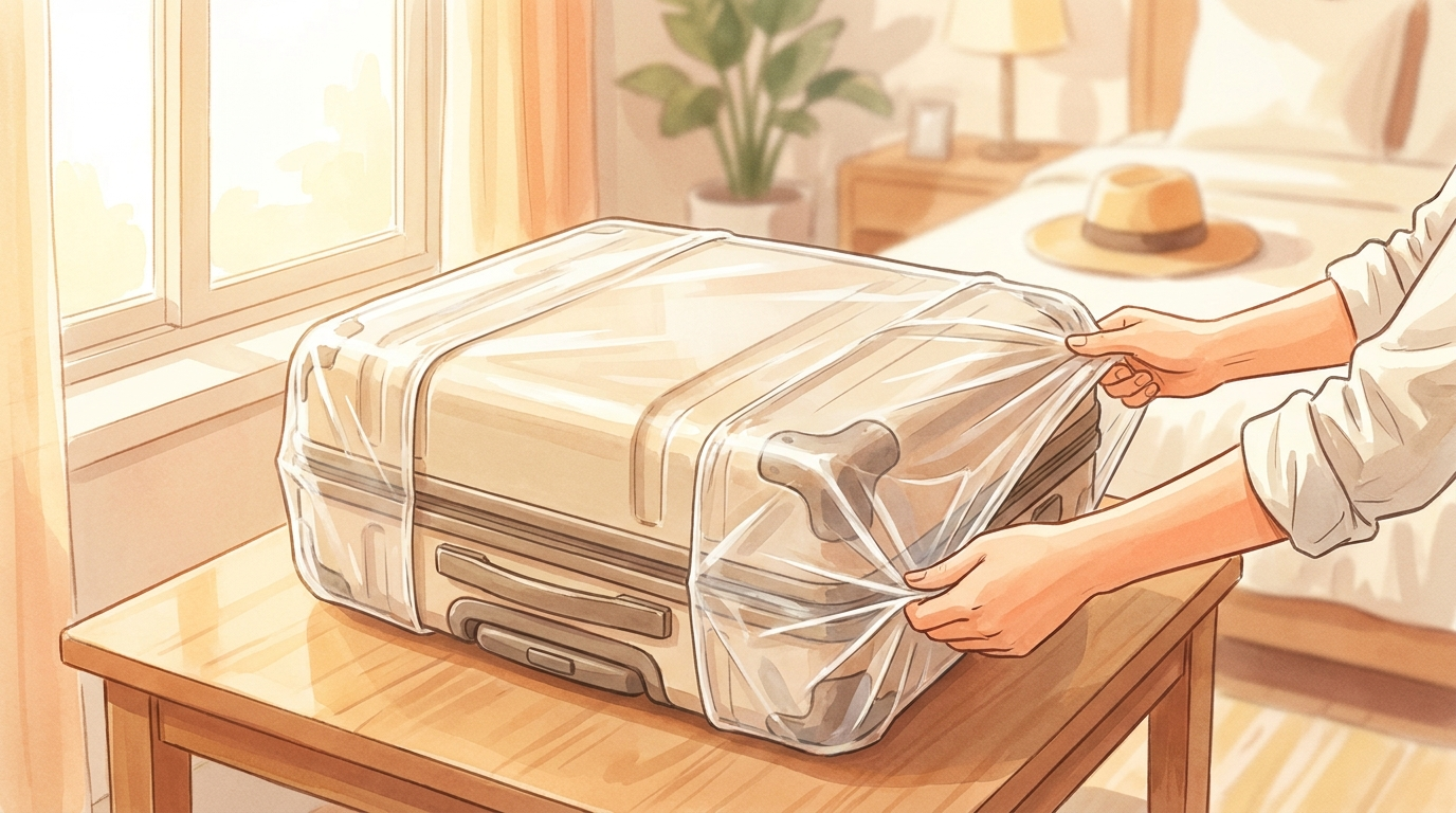 Hands fitting a clear protective cover over a suitcase