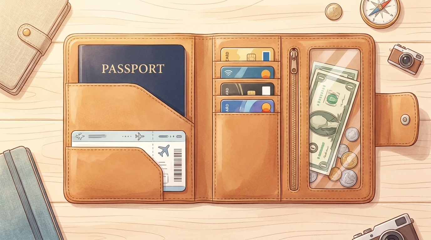 Flat-lay of an open travel wallet showing passport slot, card slots and zip pocket