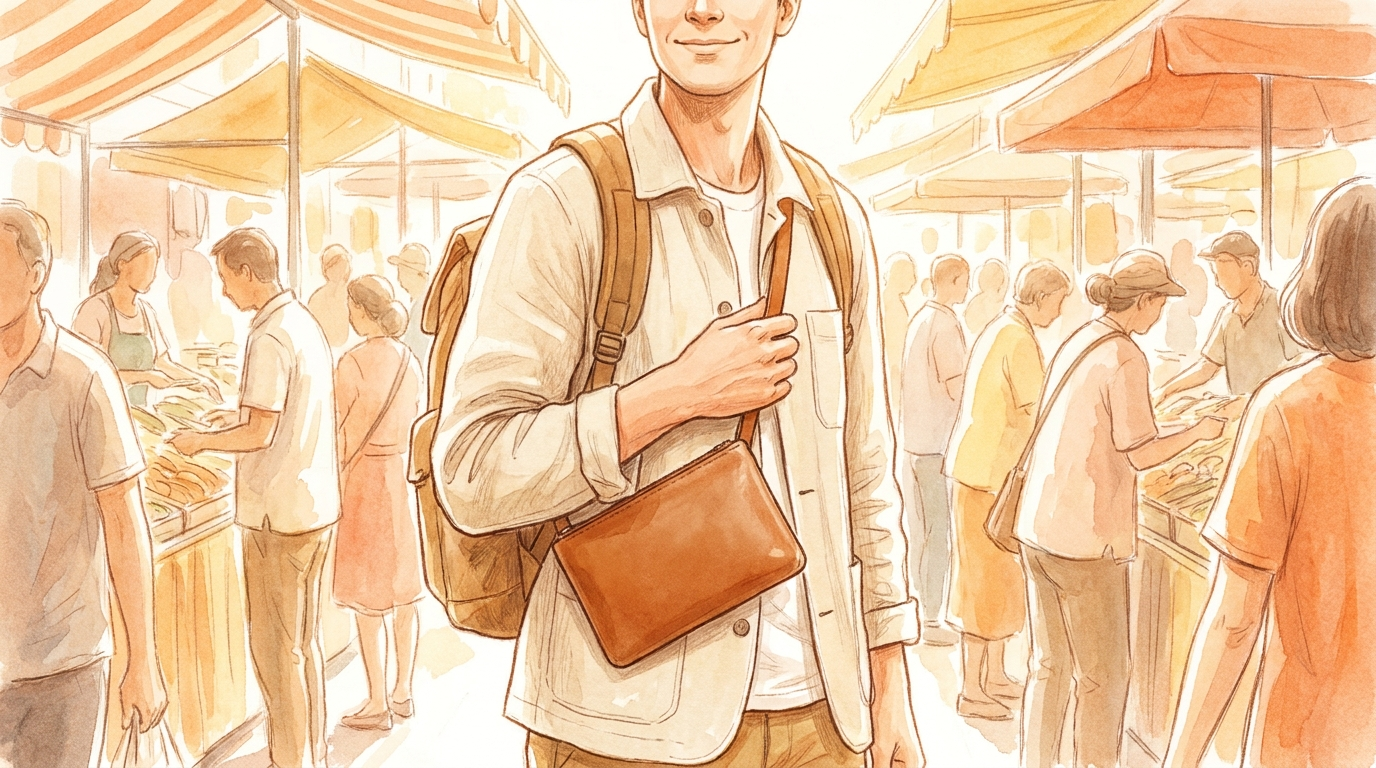 Traveller keeping a travel wallet secure and close to their body in a busy crowd