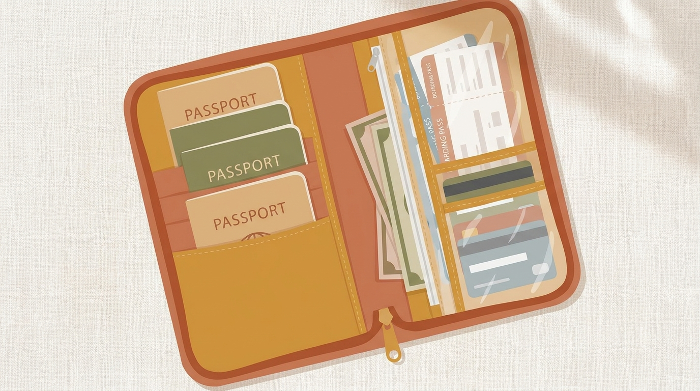 Open family passport organiser holding several passports, boarding passes and cards in slots