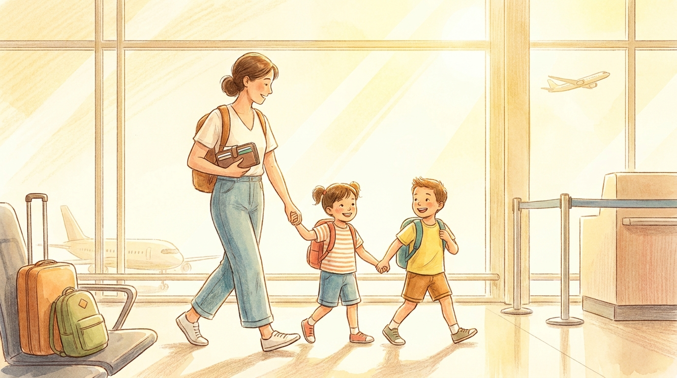 Parent and two children walking calmly through an airport with one document organiser in hand