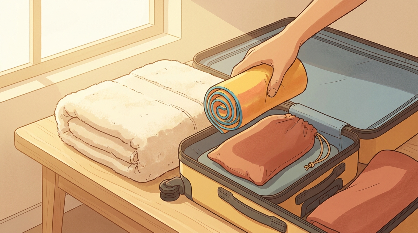 Microfibre travel towel rolled into a compact drawstring bag beside a bulky folded towel