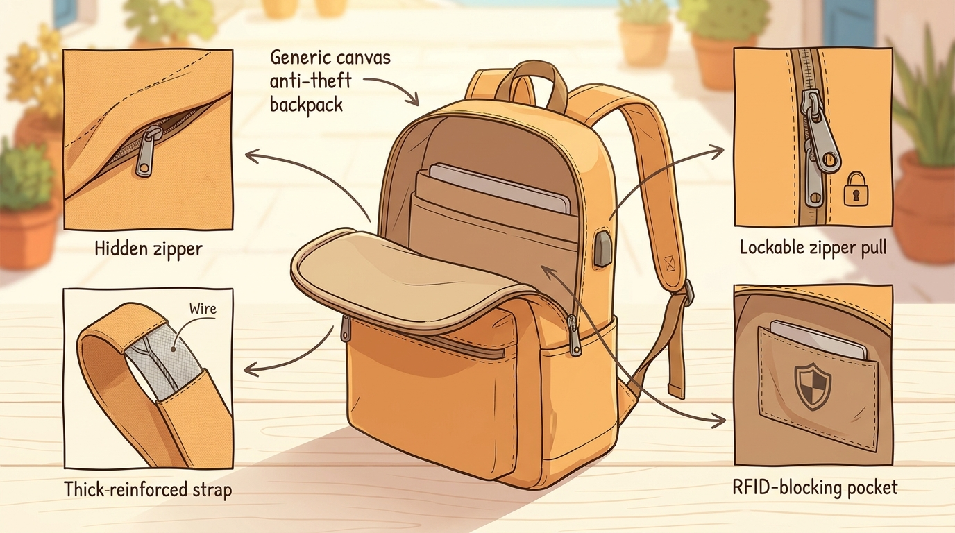Anti-theft bag security features including hidden zips, slash-resistant strap, lockable zip pull and RFID pocket