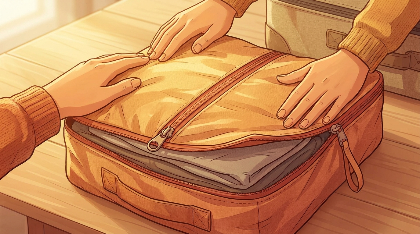 Close-up of a compression packing cube dual-zip system, hands pressing out air