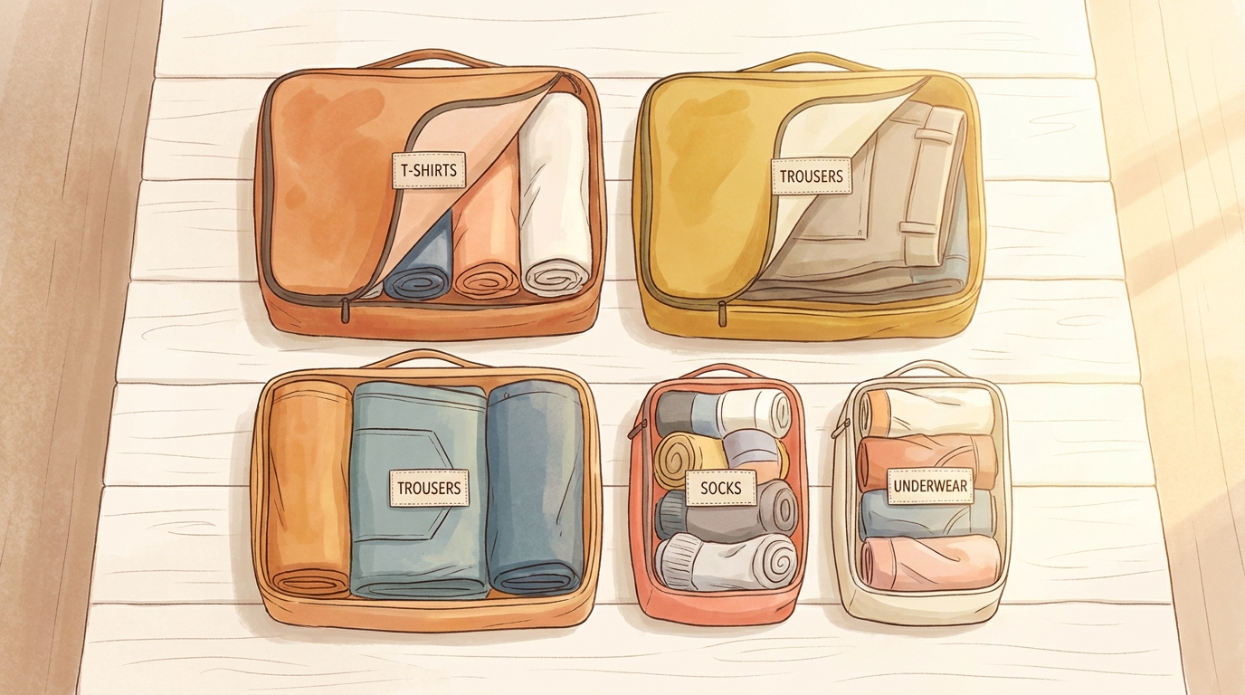 Compression cubes each packed with a single clothing category - t-shirts, trousers, socks, underwear