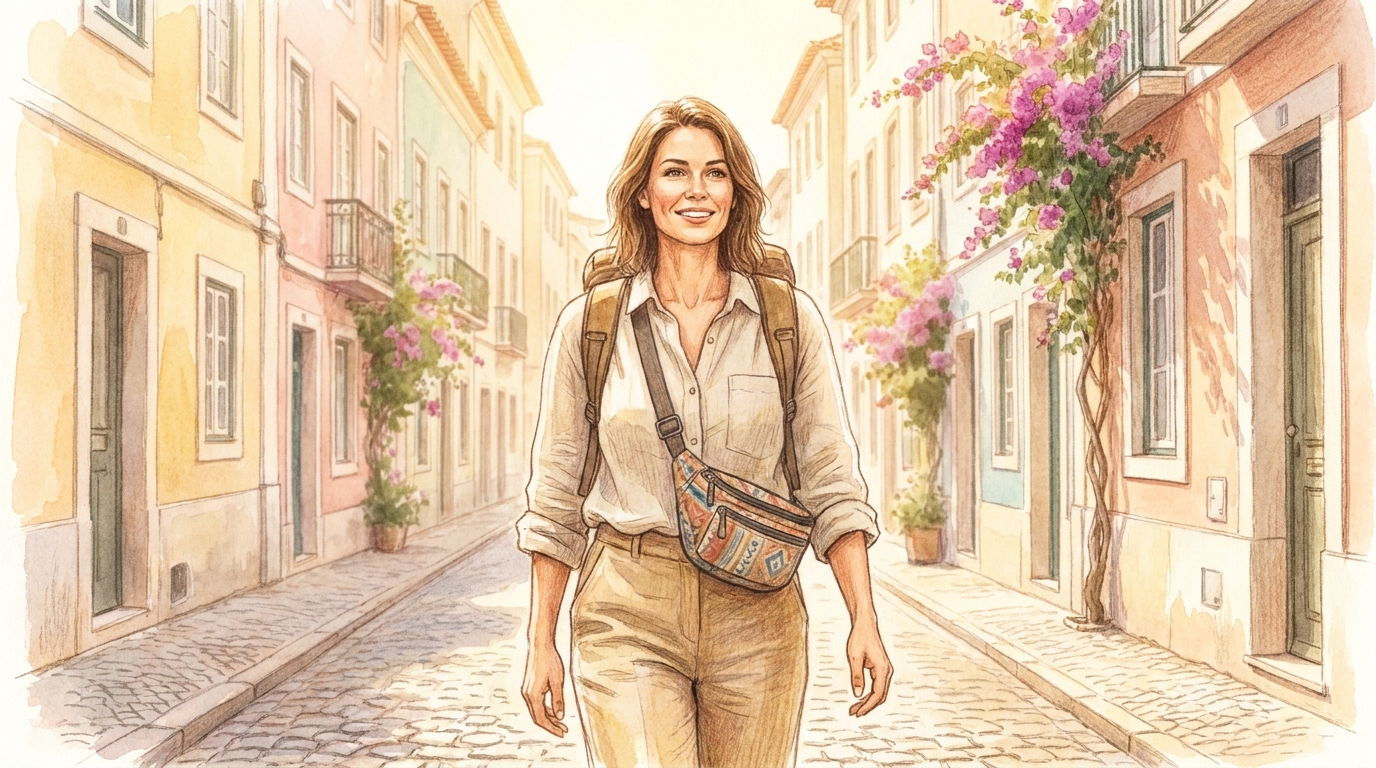 Confident woman traveller wearing an anti-theft crossbody bag on a European street